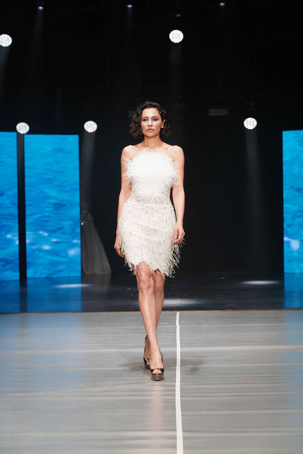 Feathered embellished strapless mini