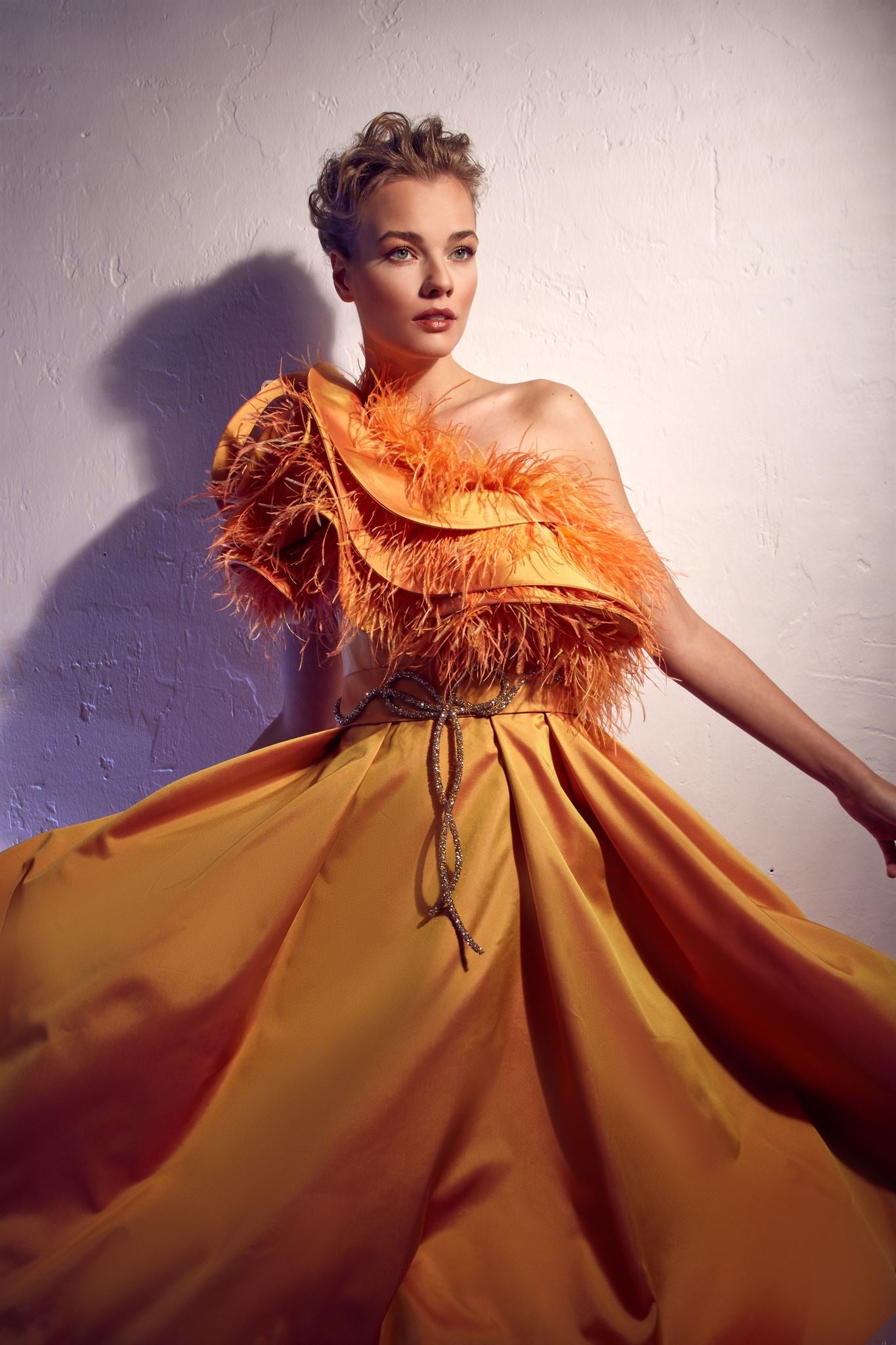 Feathered one-shoulder A-line midi