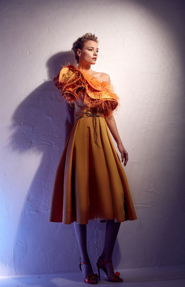 Feathered one-shoulder A-line midi