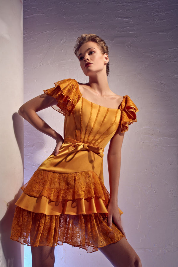 Lace ruffle bow mini dress