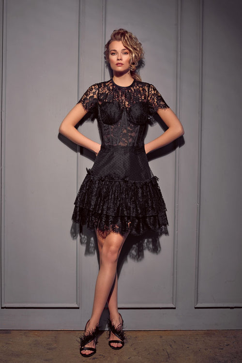 Black lace corset ruffle mini