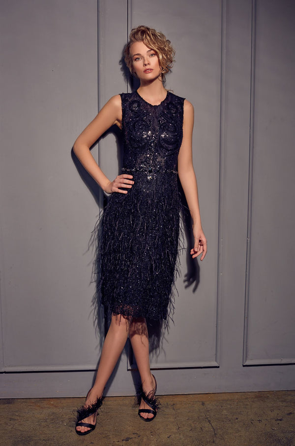 Black beaded fringe midi dress