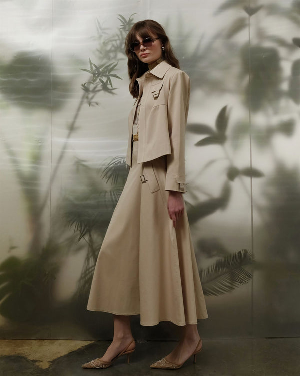 Beige utility jacket and midi skirt set