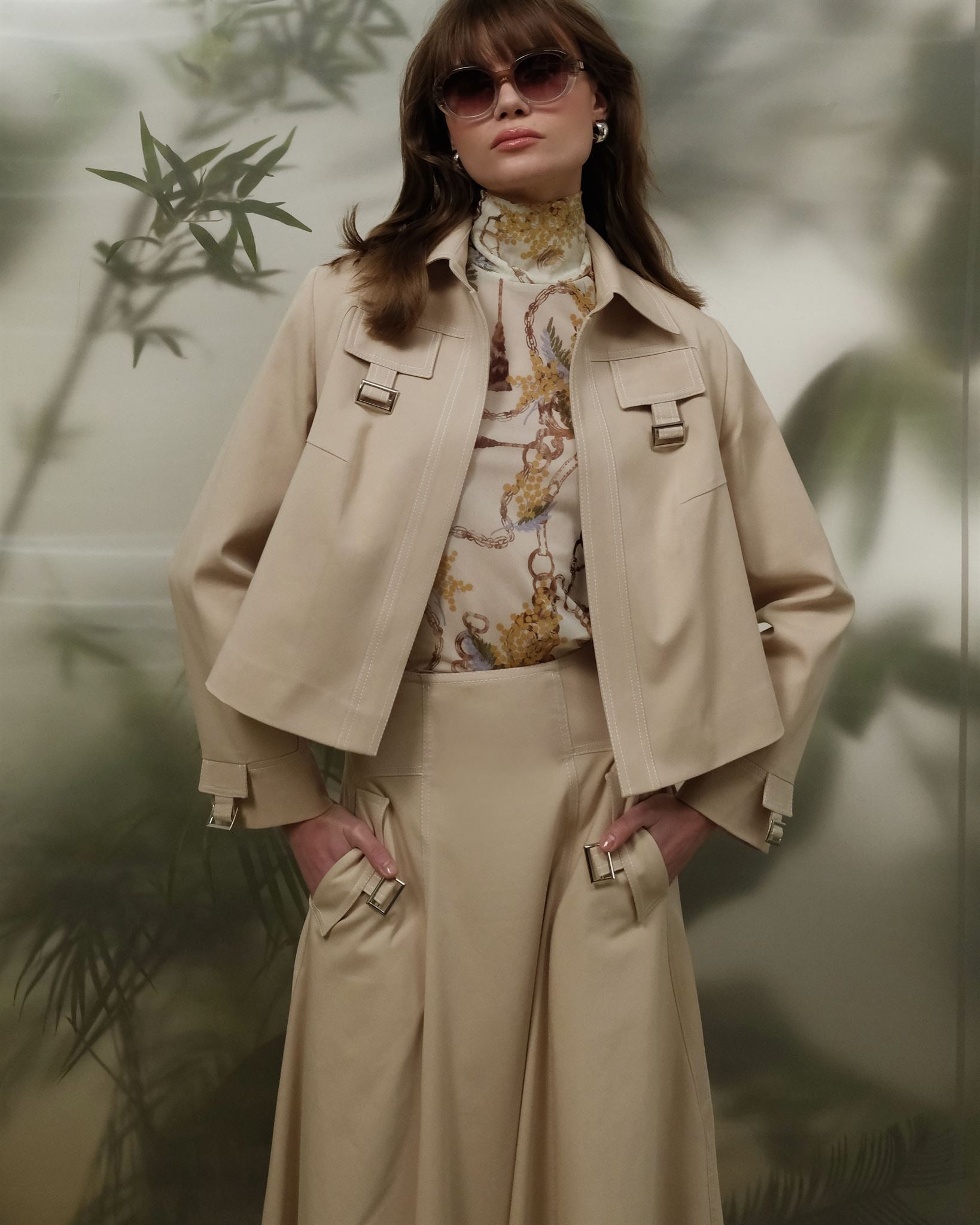 Beige utility jacket and midi skirt set