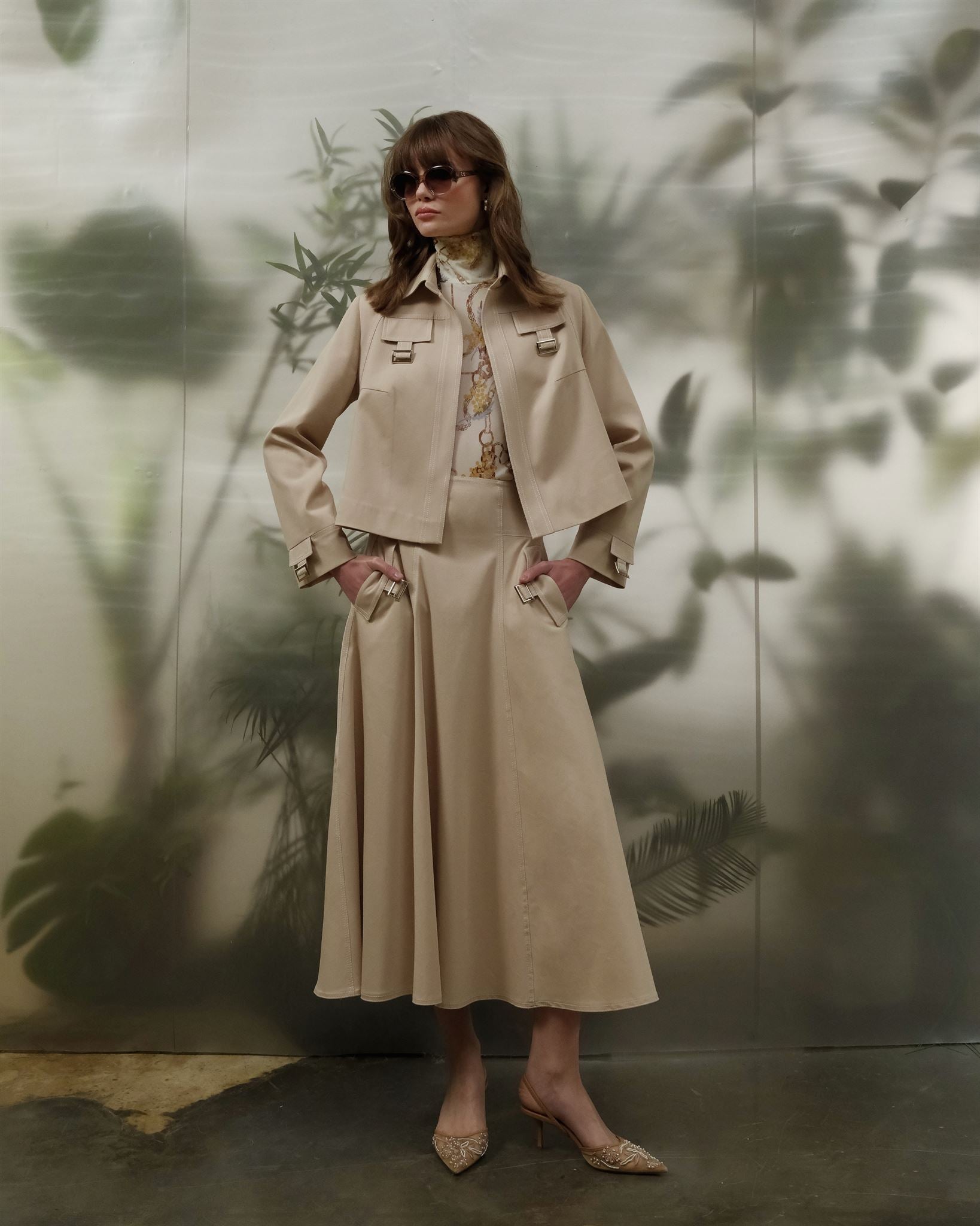 Beige utility jacket and midi skirt set