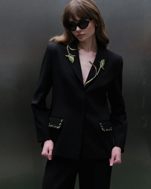 Black floral-embroidered trouser suit