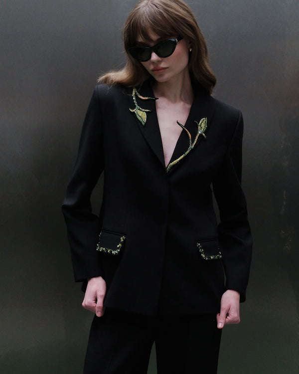 Black floral-embroidered trouser suit