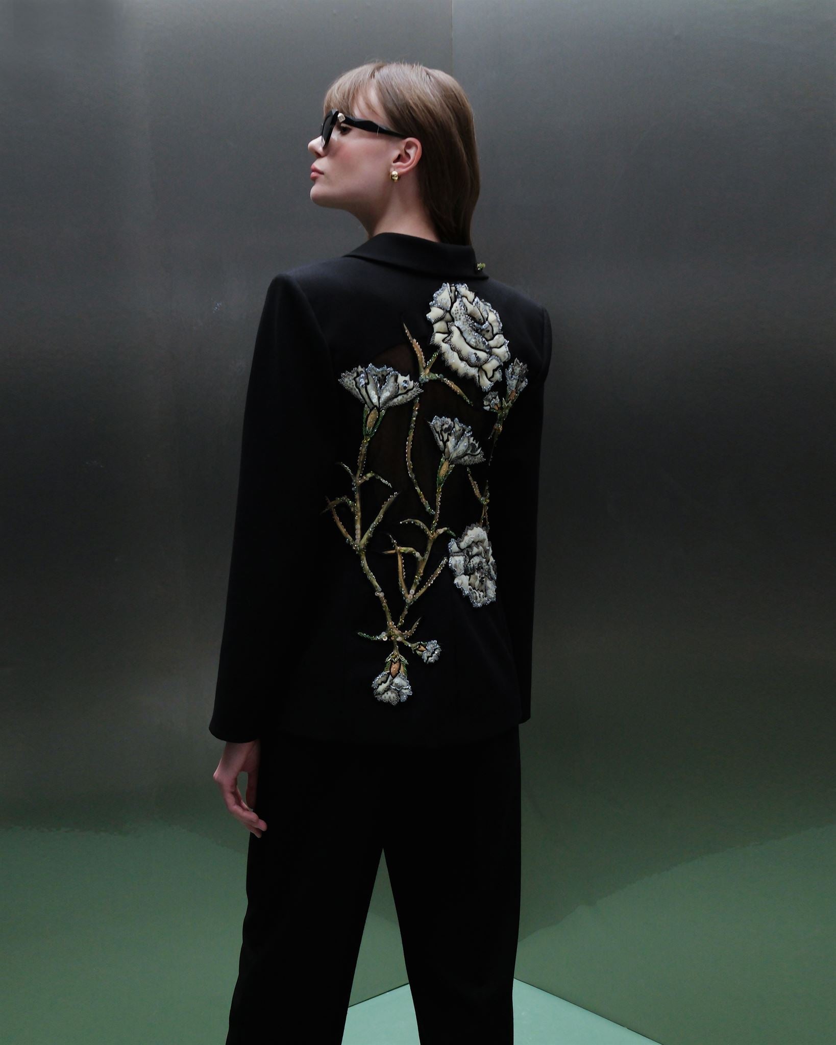 Black floral-embroidered trouser suit