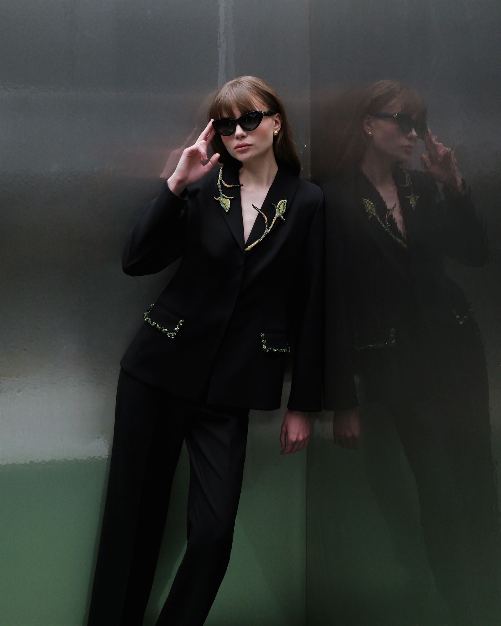 Black floral-embroidered trouser suit
