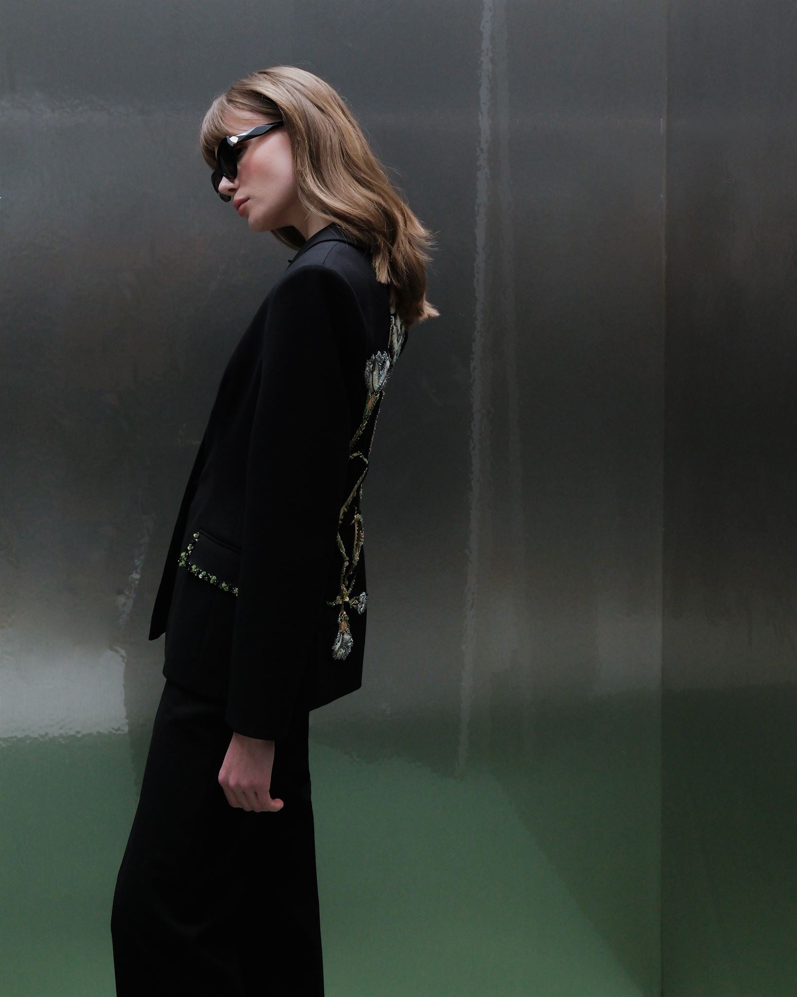 Black floral-embroidered trouser suit