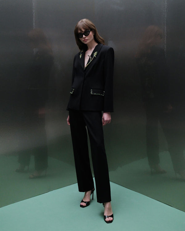 Black floral-embroidered trouser suit
