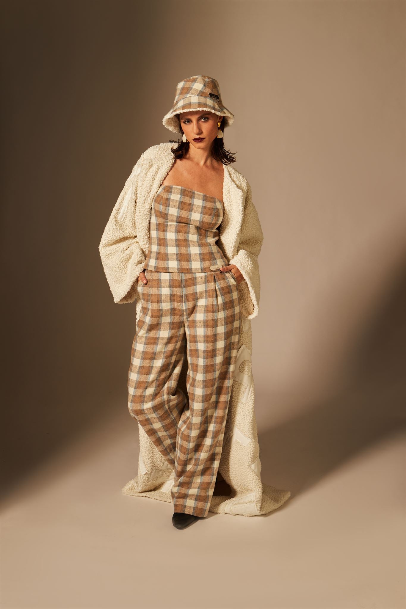 Beige checked top and wide-leg trouser set