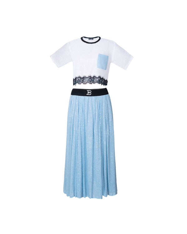White and light-blue pleated skirt set