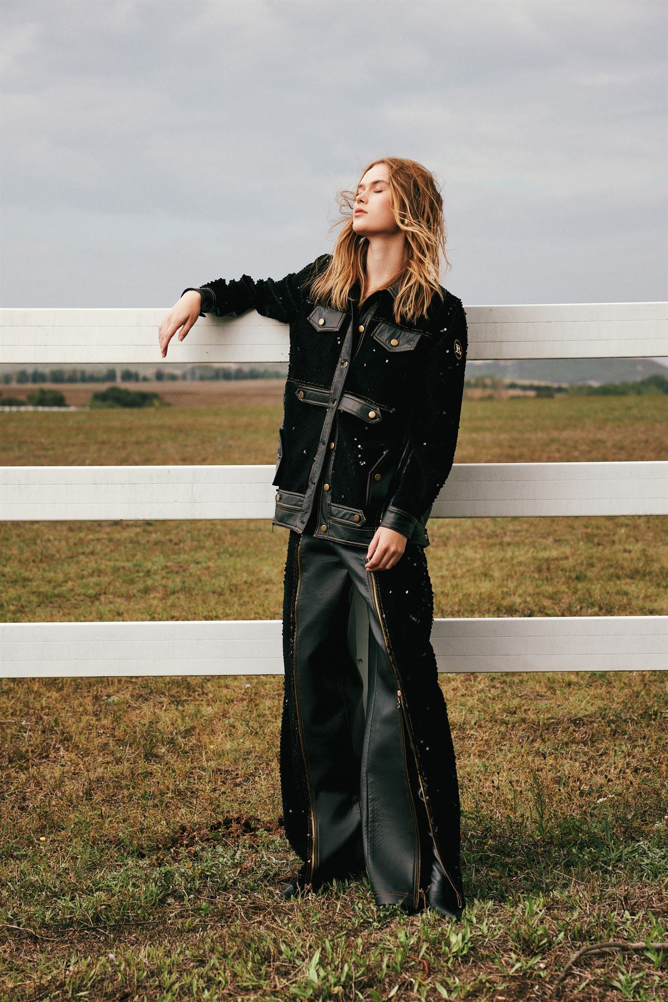 Black sequin jacket and leather trouser set