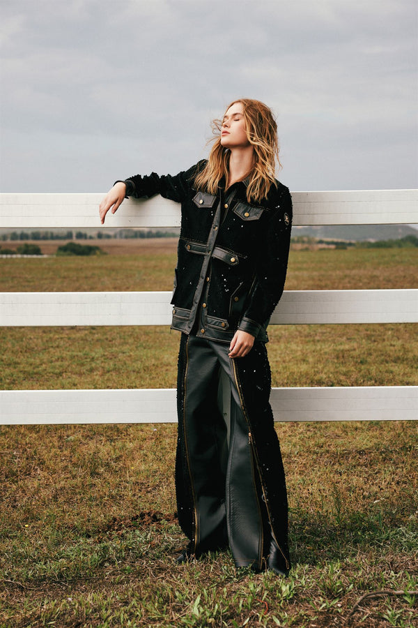 Black sequin jacket and leather trouser set