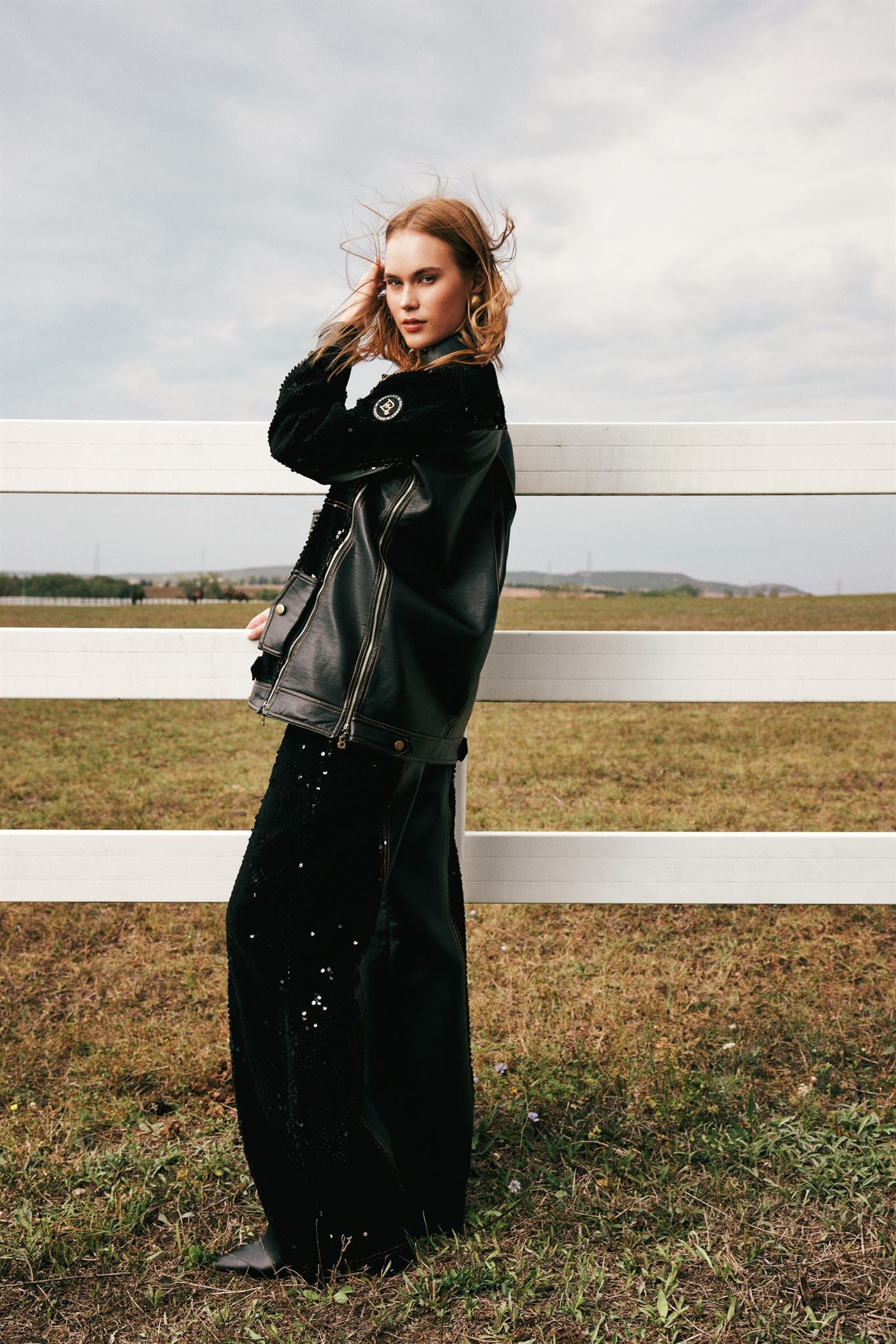 Black sequin jacket and leather trouser set