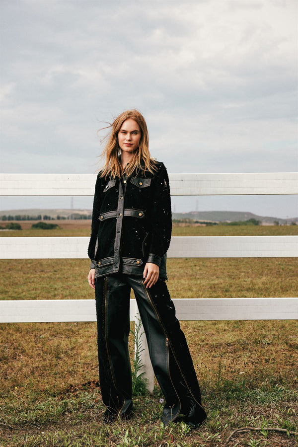 Black sequin jacket and leather trouser set