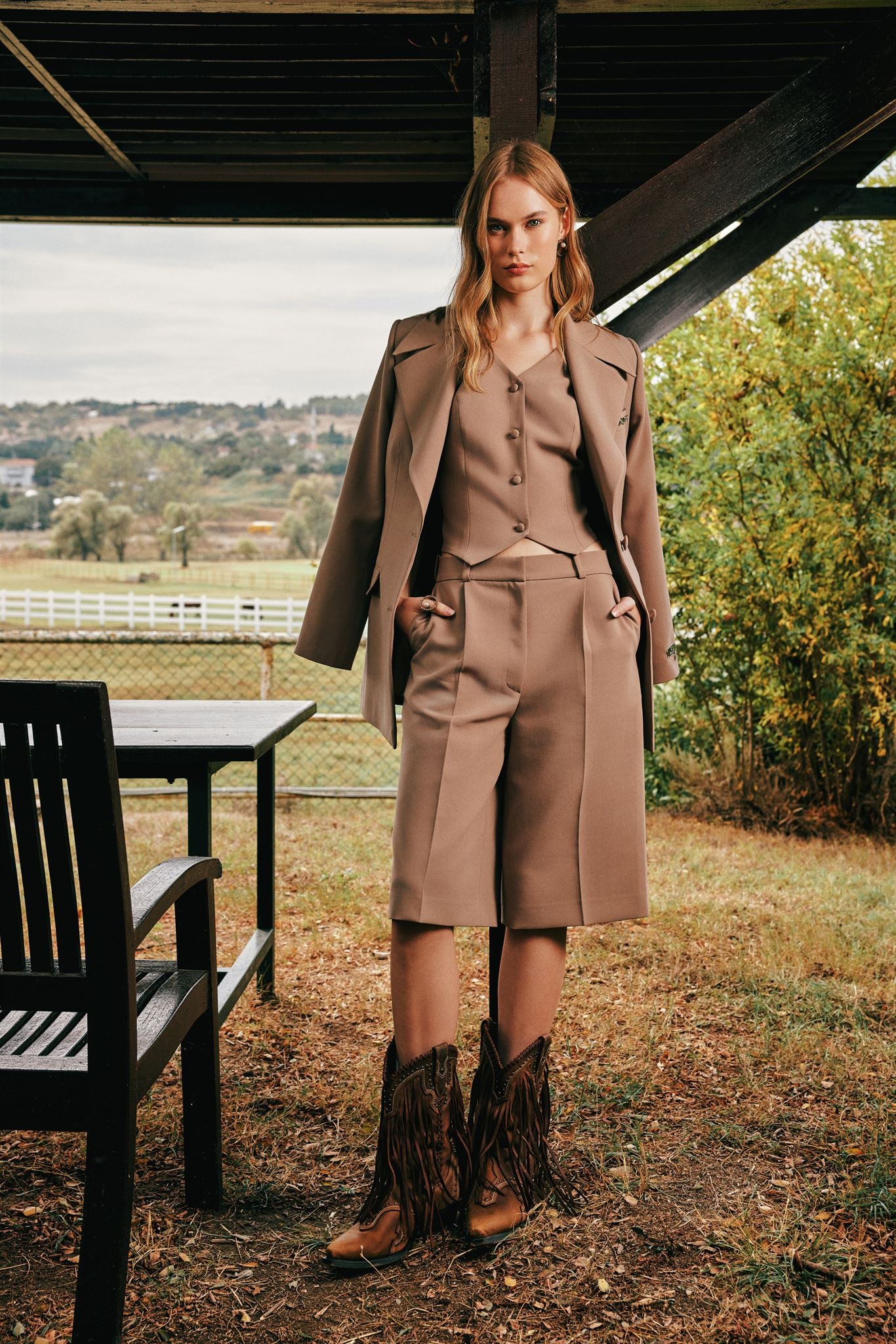 Brown blazer waistcoat shorts set