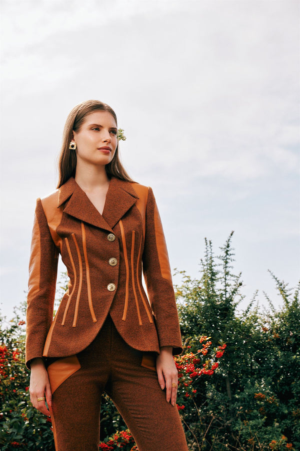 Brown leather-panel jacket and trouser set