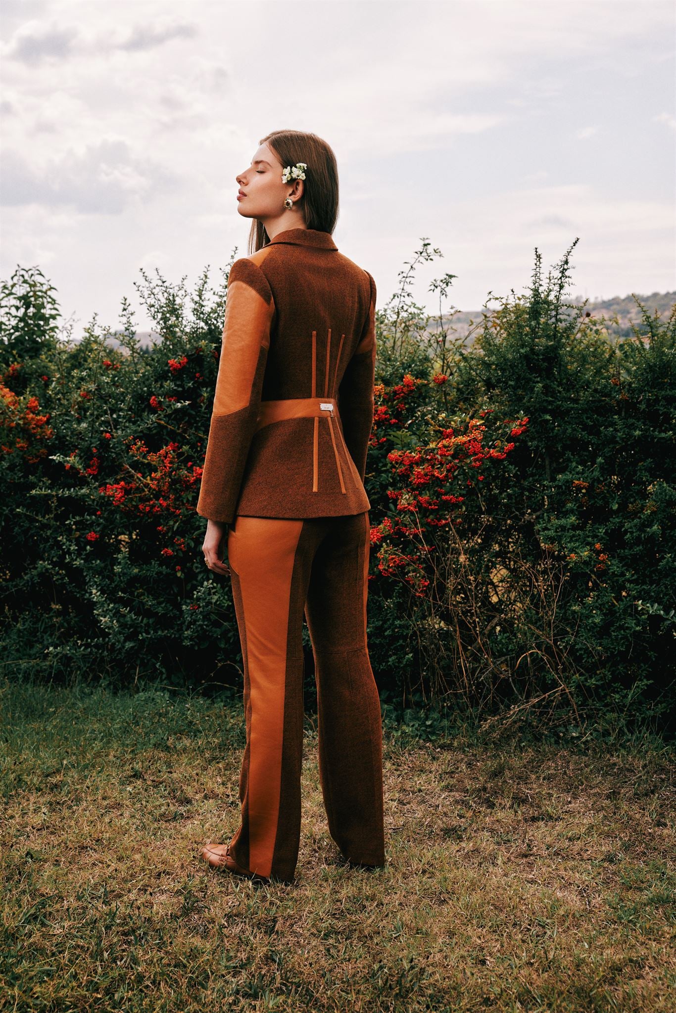 Brown leather-panel jacket and trouser set