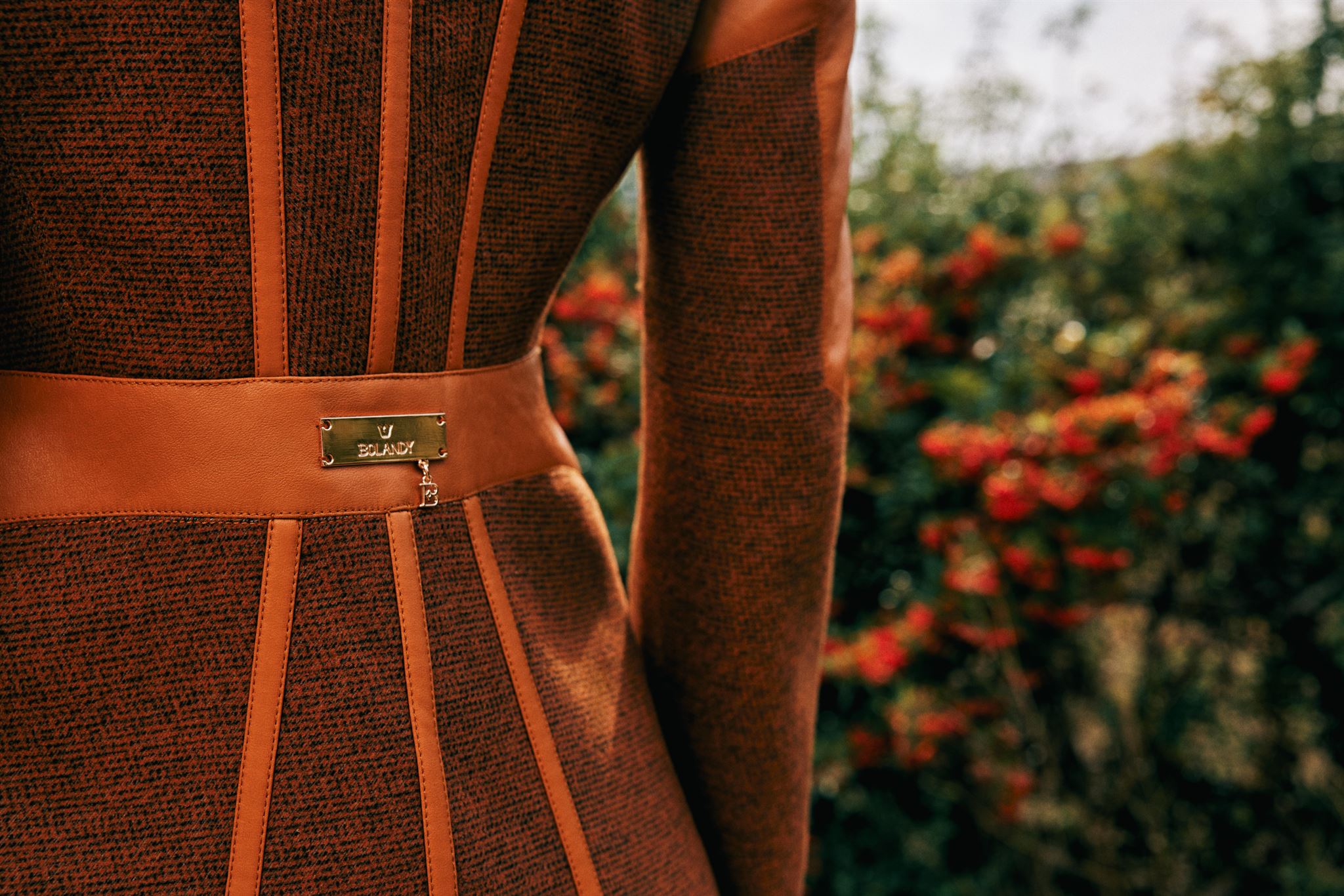 Brown leather-panel jacket and trouser set