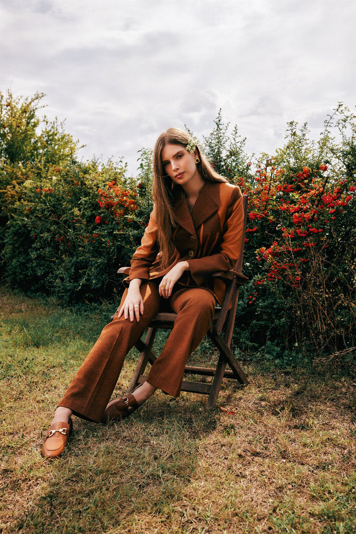 Brown leather-panel jacket and trouser set