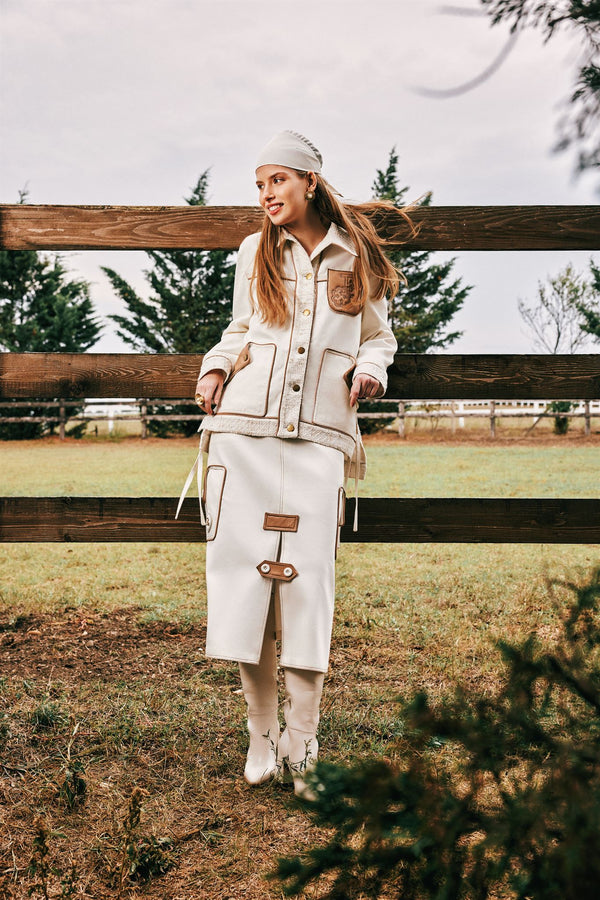 Ivory utility jacket and midi skirt set