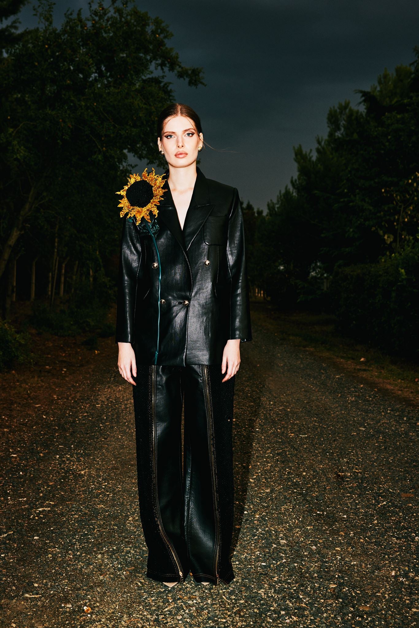 Black leather sunflower trouser suit