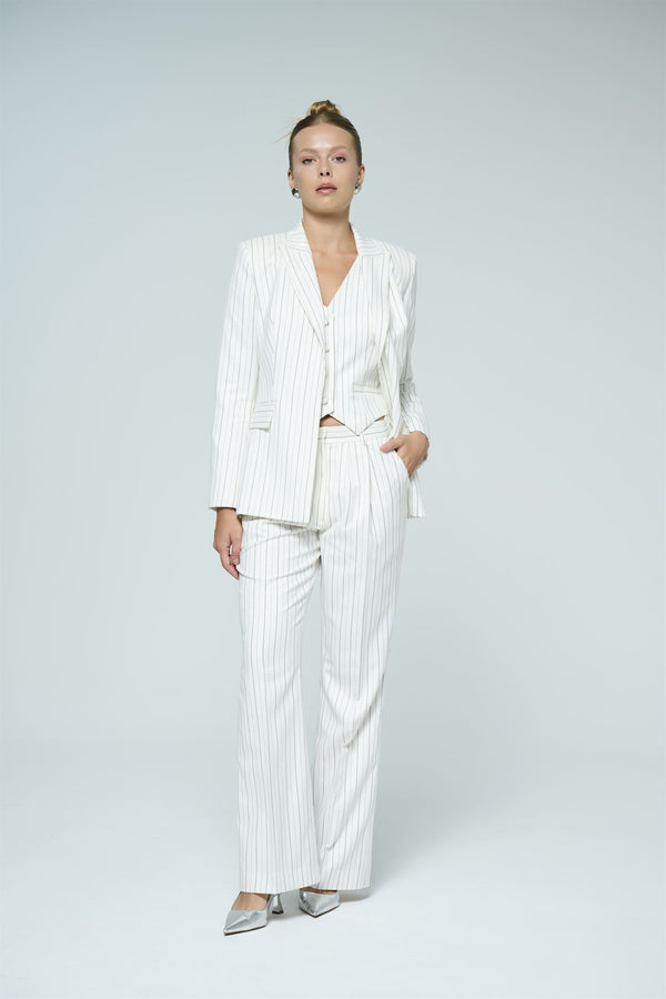 White pinstripe three-piece suit
