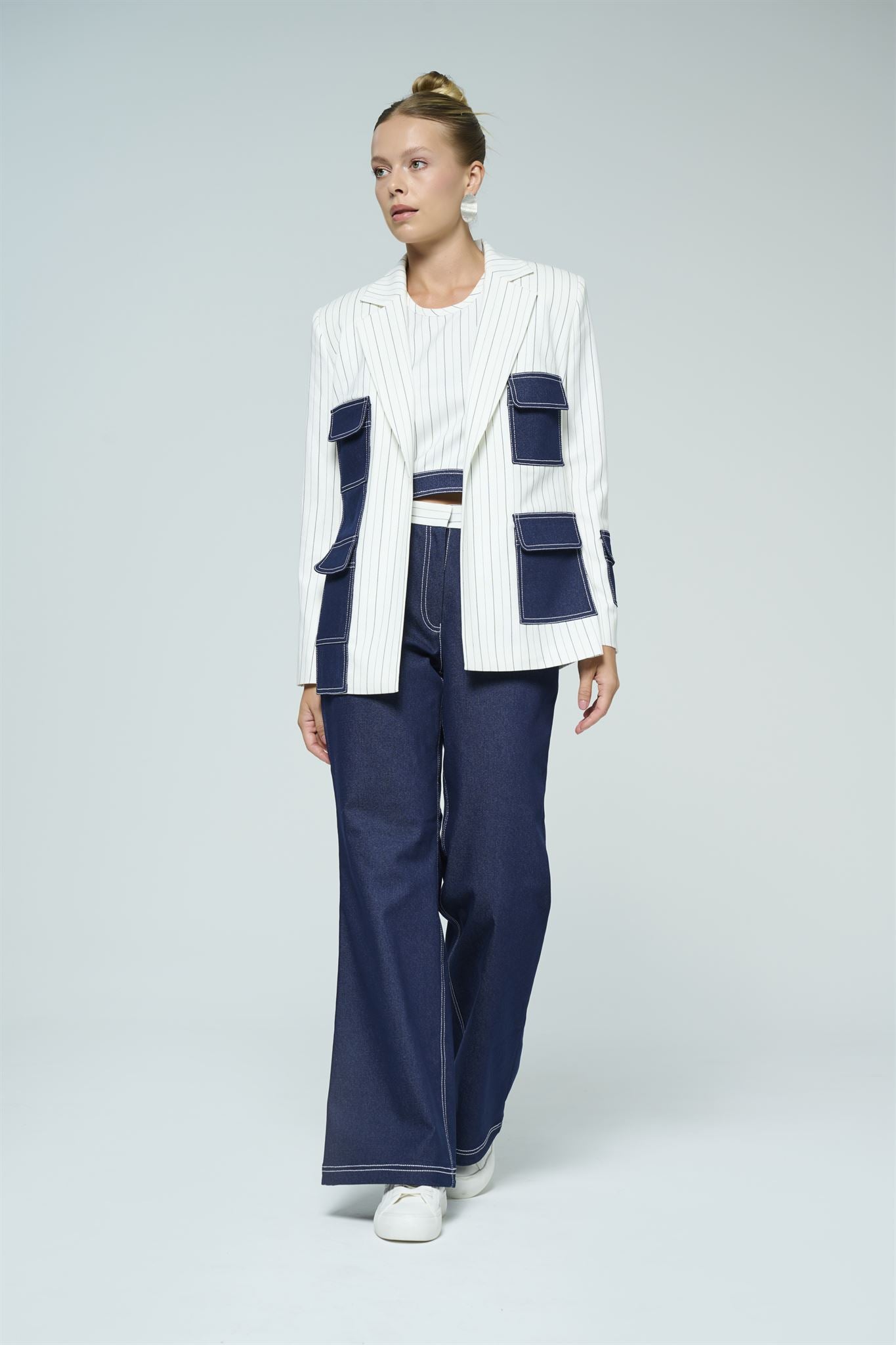 Pinstripe blazer denim trouser set