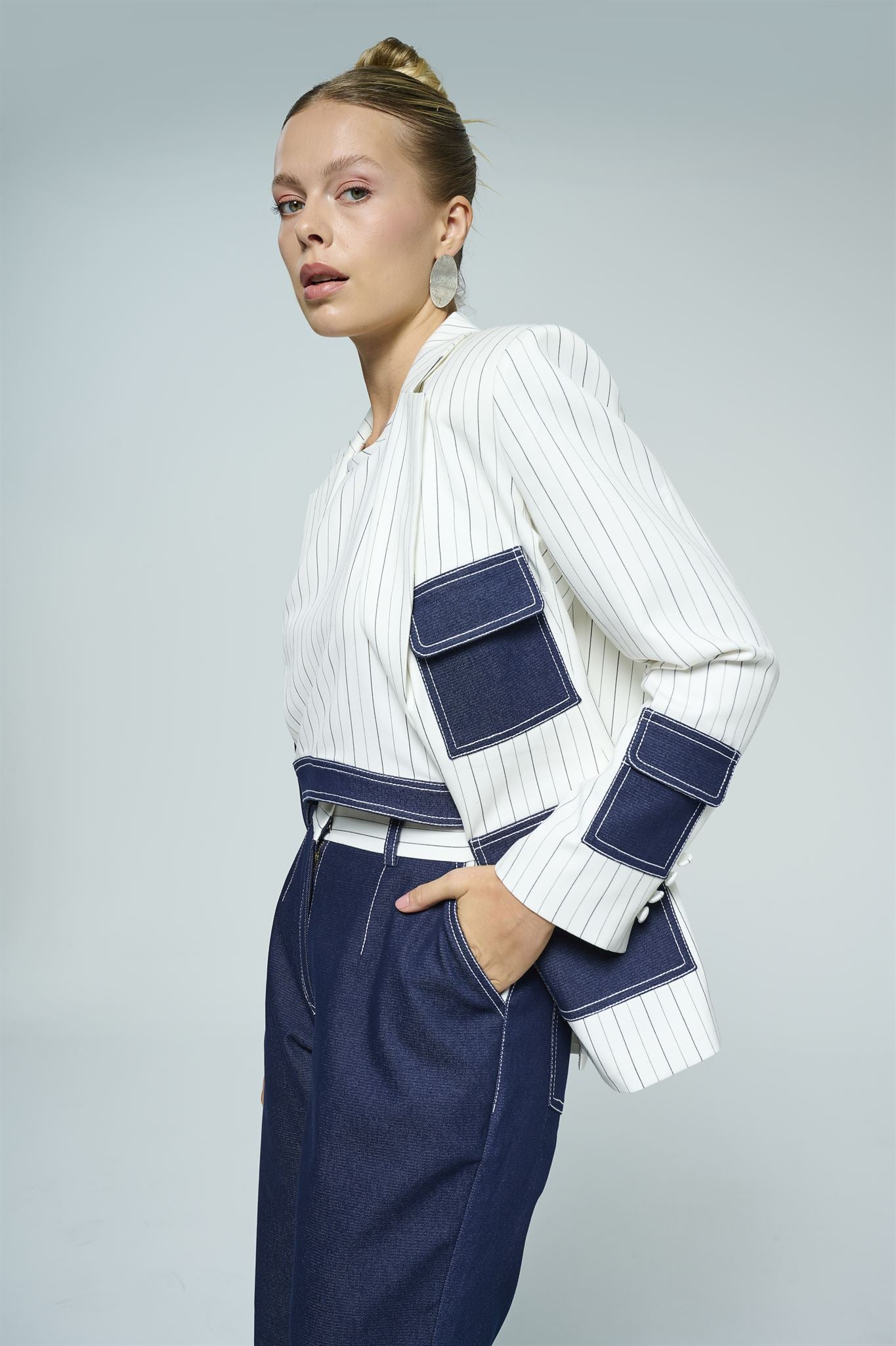 Pinstripe blazer denim trouser set