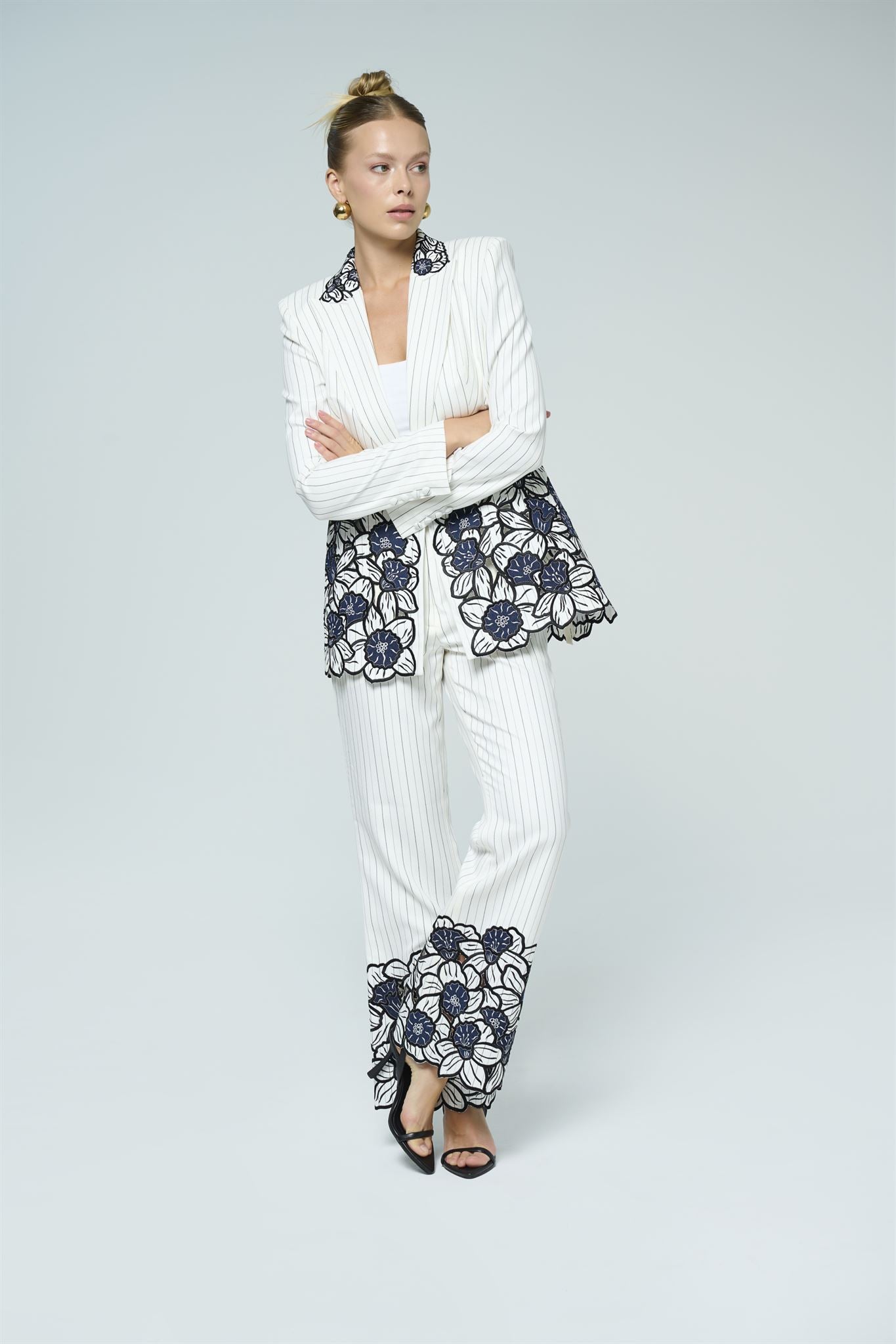 White pinstripe floral-embroidered suit
