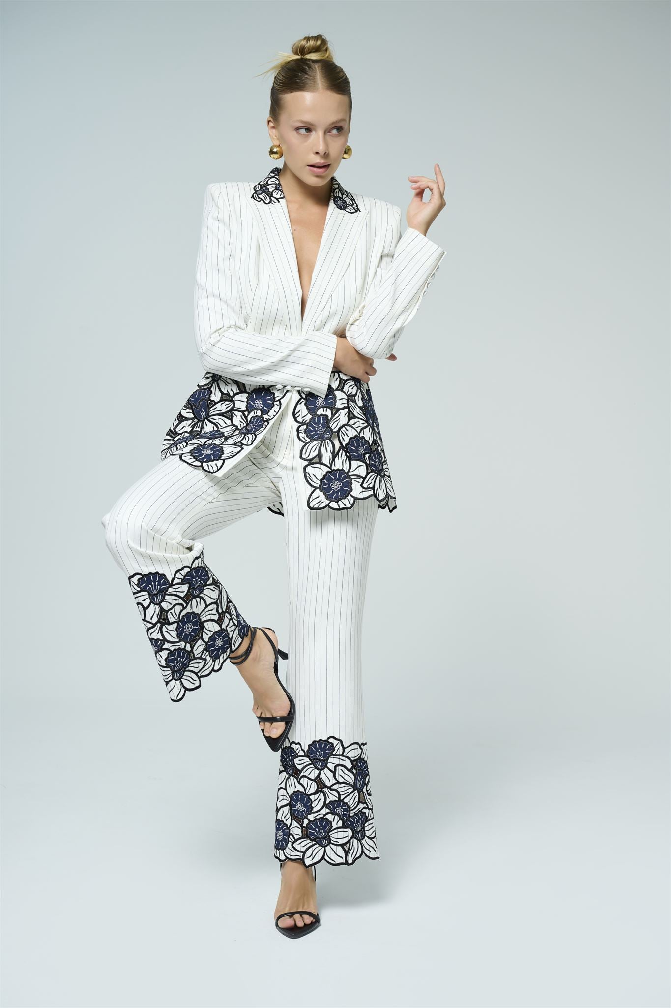 White pinstripe floral-embroidered suit