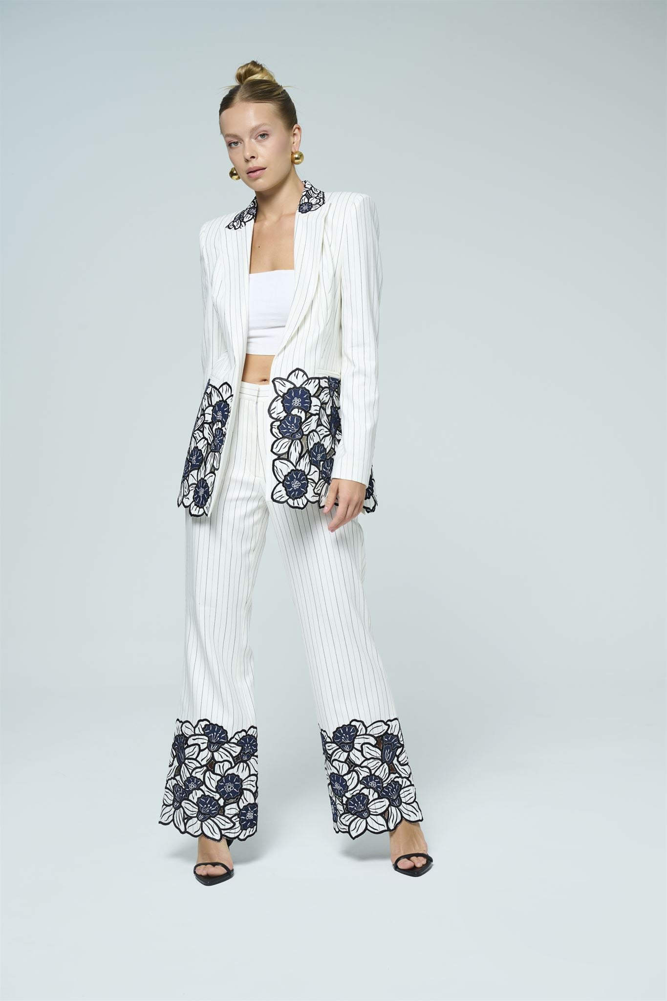 White pinstripe floral-embroidered suit