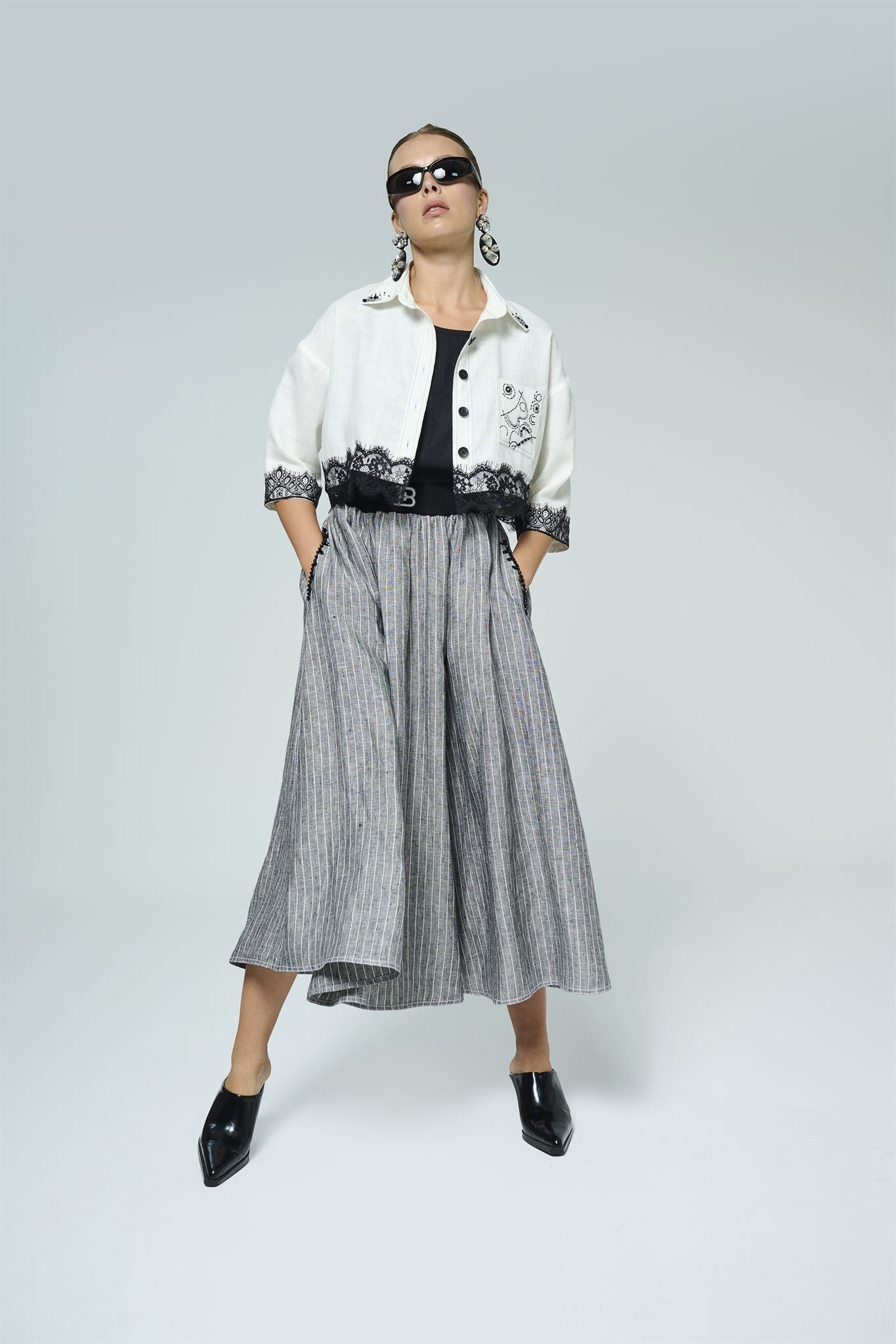 Lace-trim jacket, top and maxi skirt set