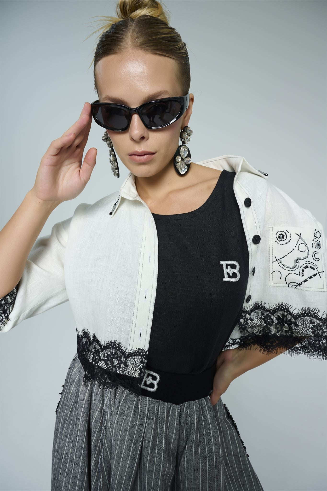 Lace-trim jacket, top and maxi skirt set