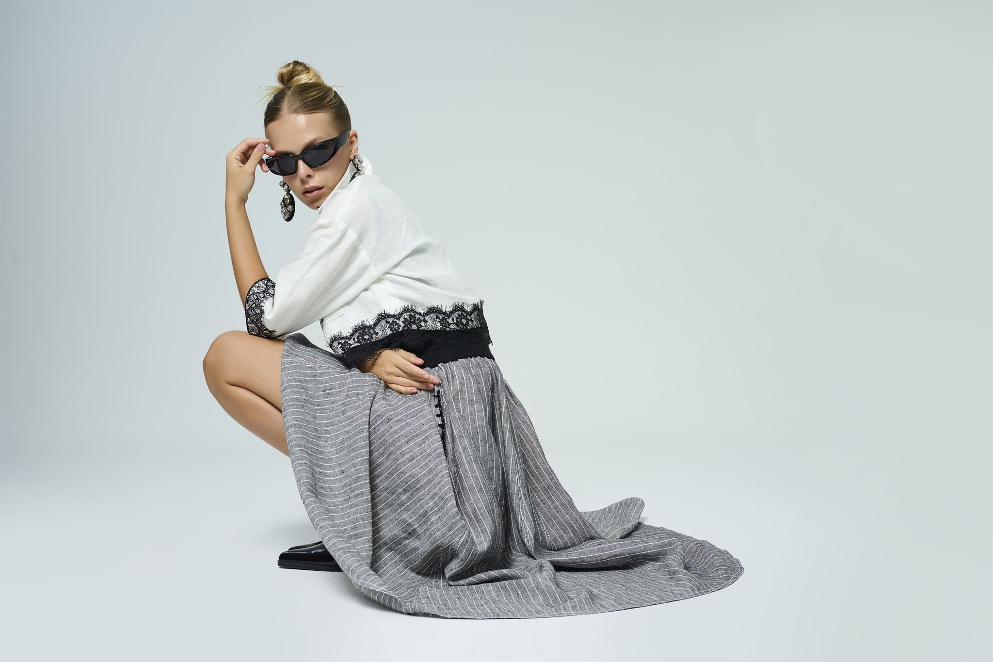 Lace-trim jacket, top and maxi skirt set