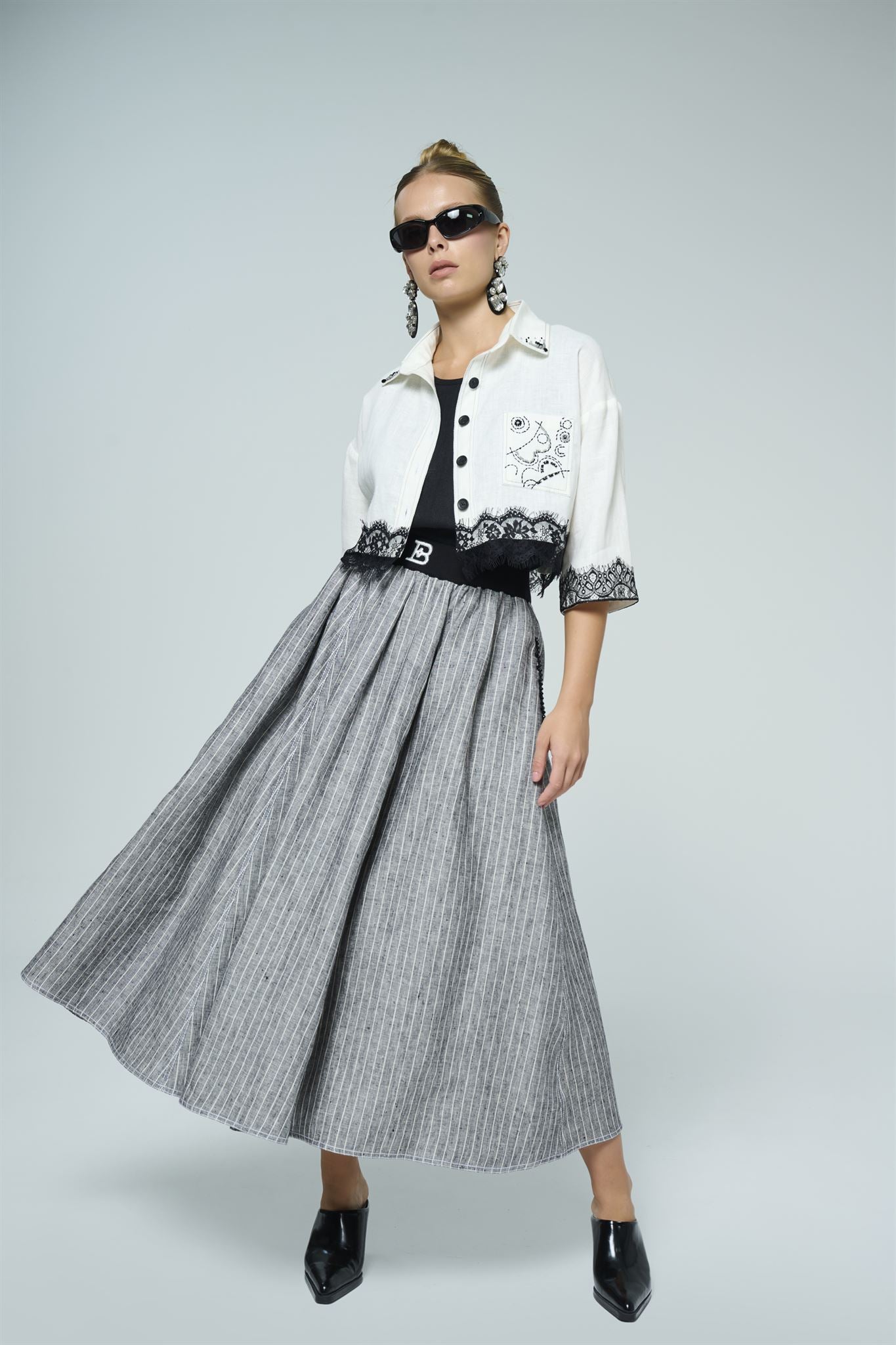Lace-trim jacket, top and maxi skirt set