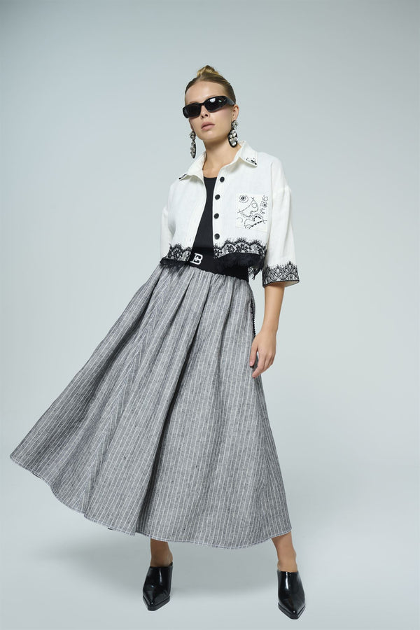 Lace-trim jacket, top and maxi skirt set