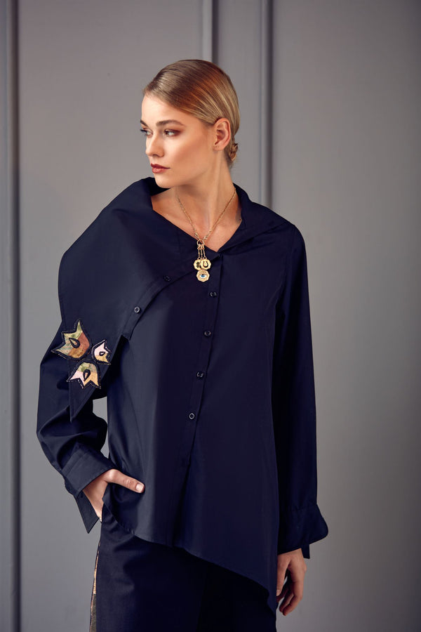 Black appliqué shirt and patchwork trouser set