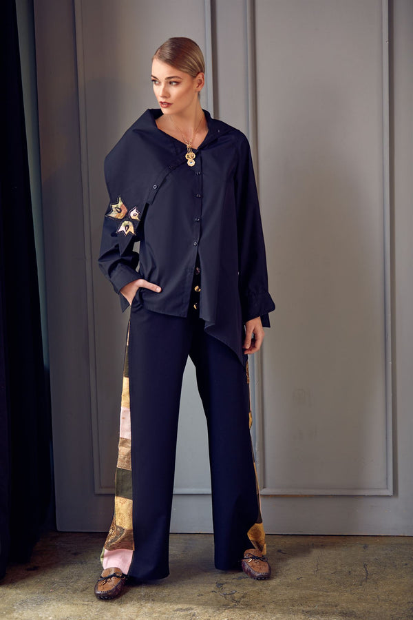 Black appliqué shirt and patchwork trouser set