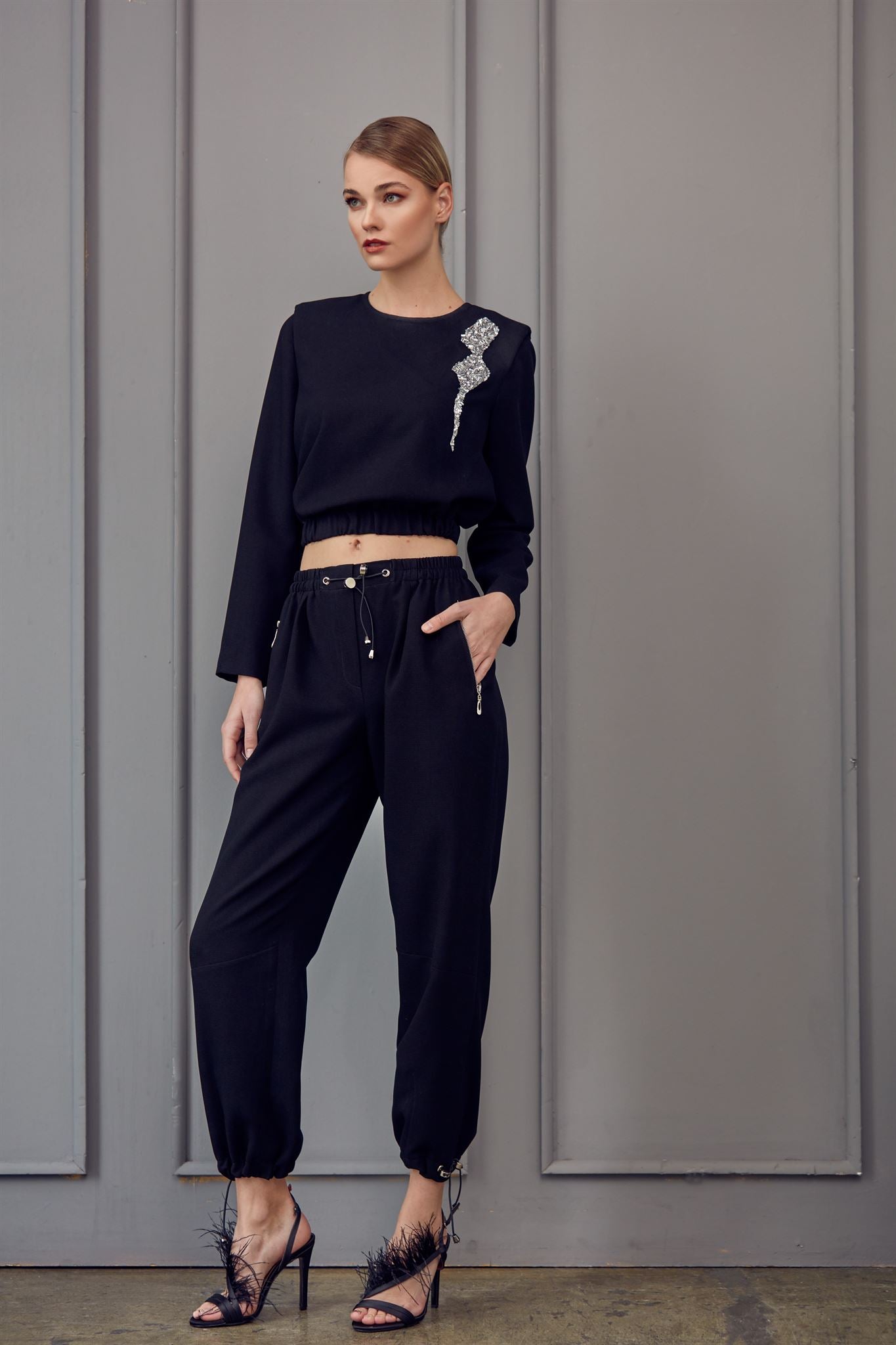 Black crystal top and jogger set