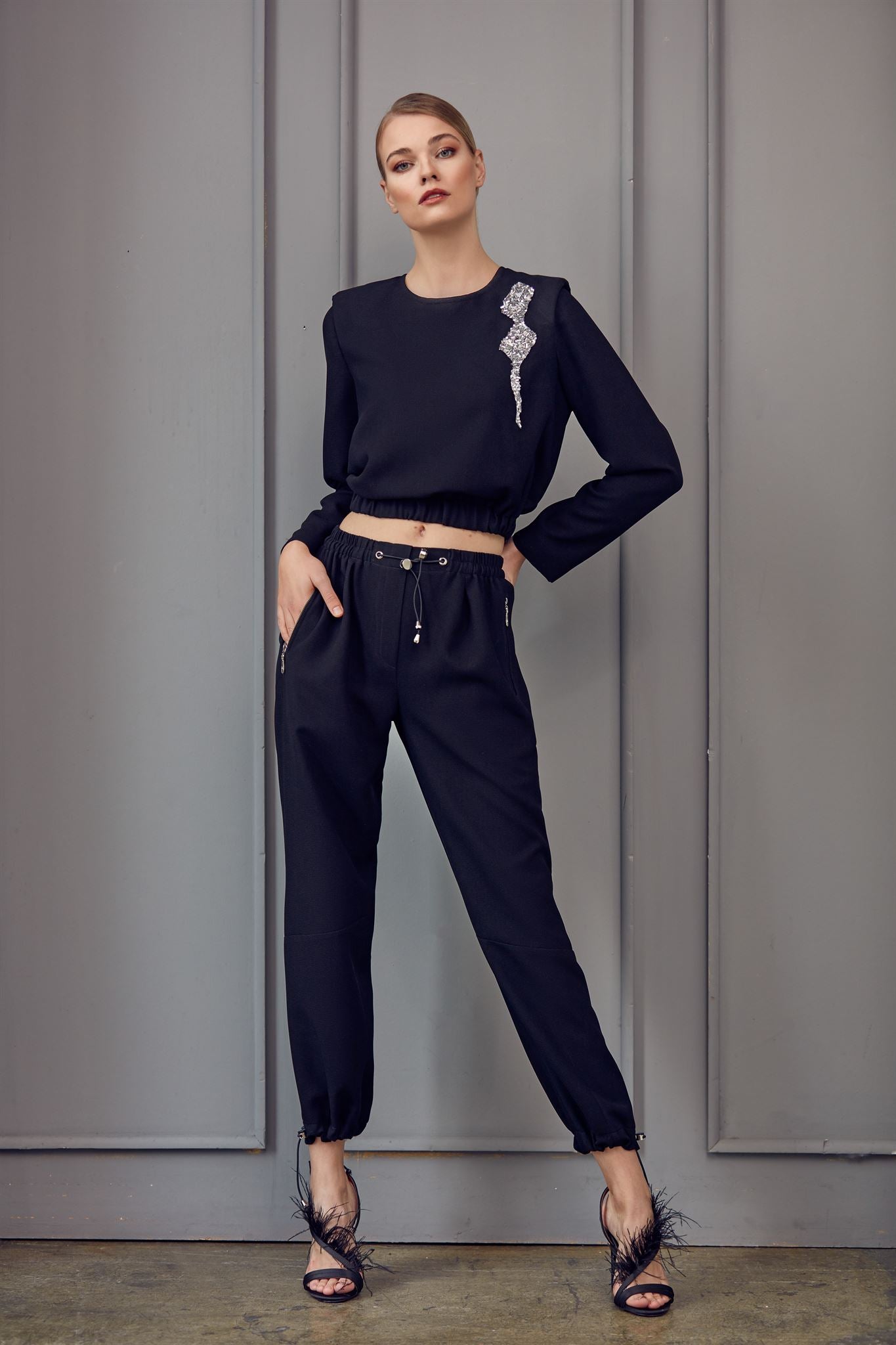 Black crystal top and jogger set