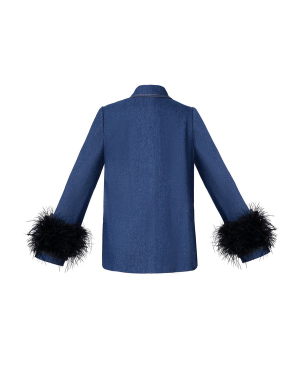 Denim feather-trim blazer and cropped trouser set