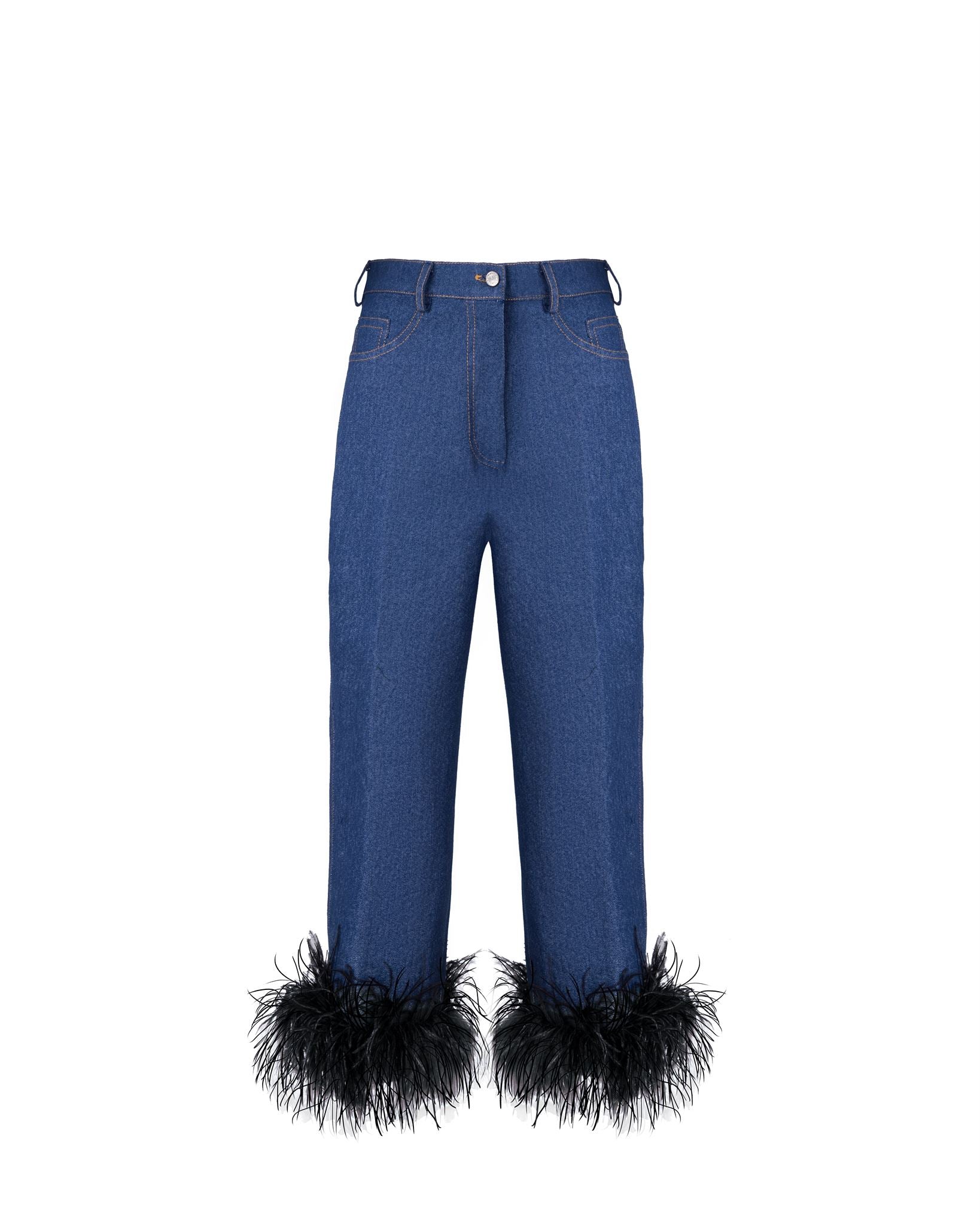 Denim feather-trim blazer and cropped trouser set