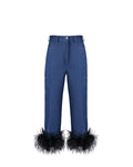 Denim feather-trim blazer and cropped trouser set - 4