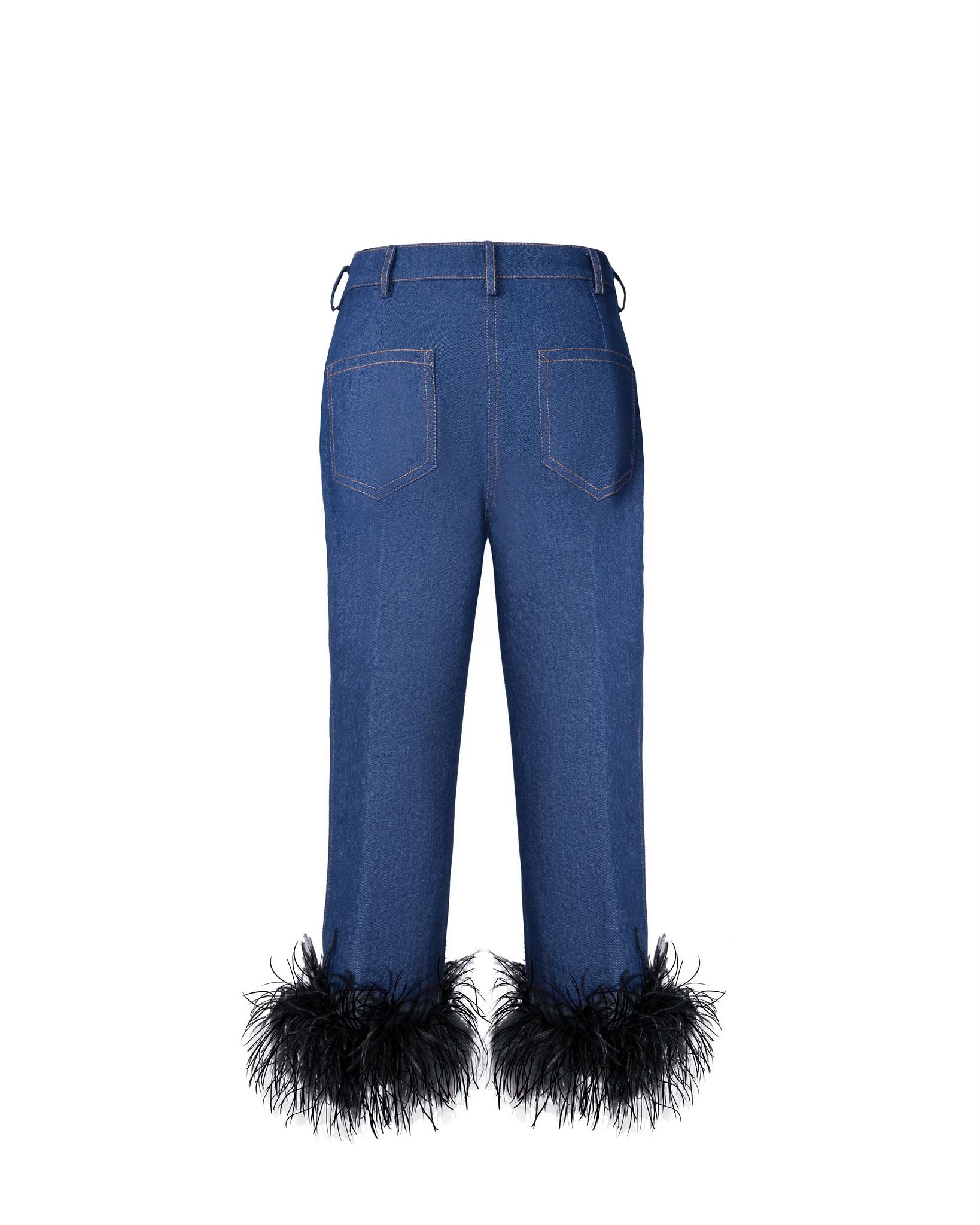 Denim feather-trim blazer and cropped trouser set