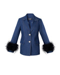 Denim feather-trim blazer and cropped trouser set - 1