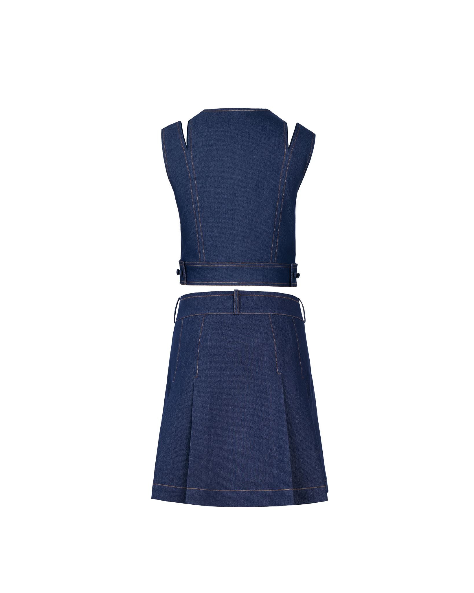 Dark blue denim vest and pleated skirt set