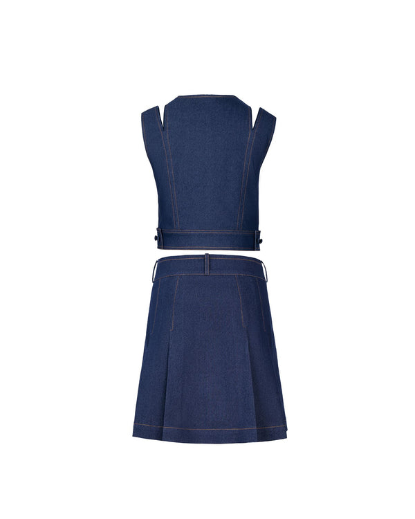 Dark blue denim vest and pleated skirt set